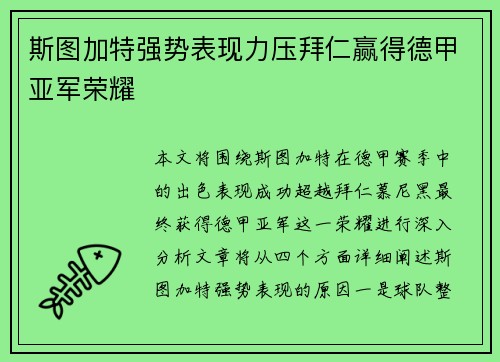 斯图加特强势表现力压拜仁赢得德甲亚军荣耀
