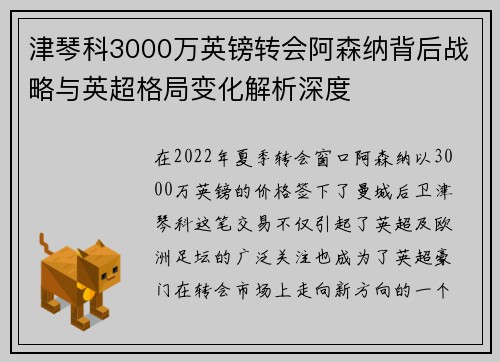 津琴科3000万英镑转会阿森纳背后战略与英超格局变化解析深度